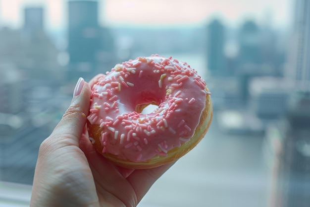 Photo pink glazed donut with sprinkles held in a hand