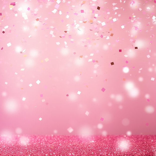 Pink glittering background with bokeh lights and falling confetti