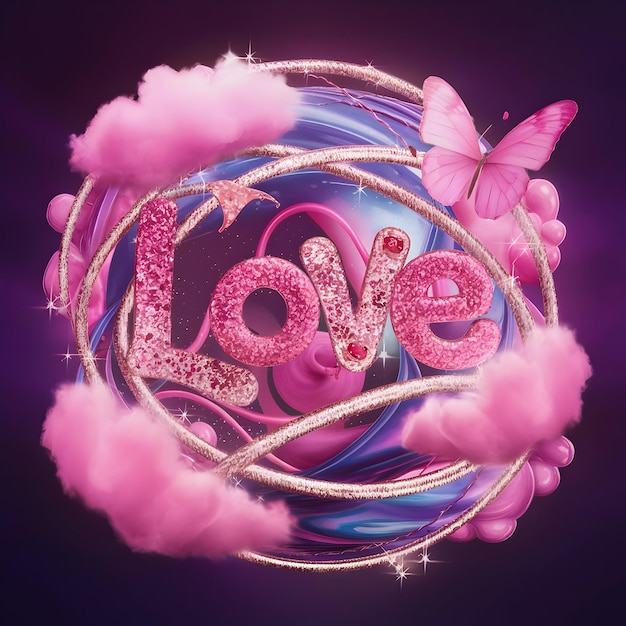 a pink glittery heart with the word love on it