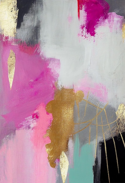 A pink and gold abstract painting with a pink background and gold and pink paint.