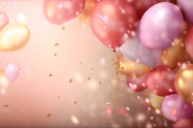 A pink and gold background with balloons and confetti.