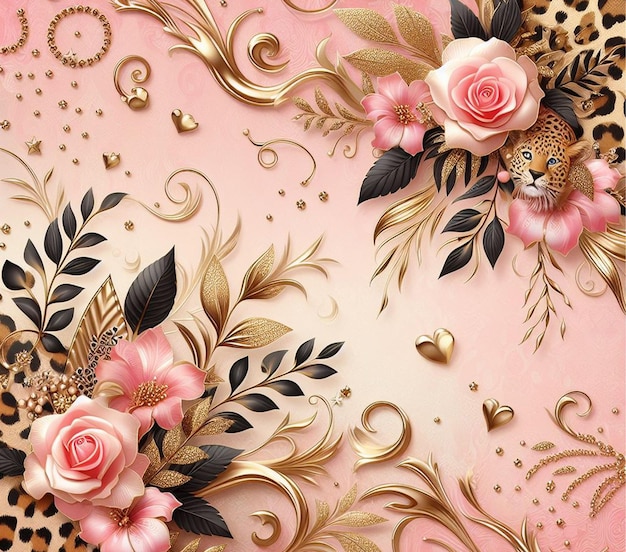 a pink and gold background with roses and gold leaves