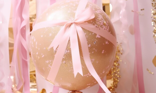 A pink and gold balloon with a bow on it