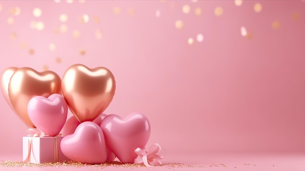 Pink gold balloons and gift boxes with ribbons on pastel background with blurry confetti concept of