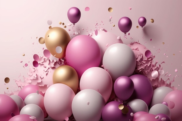 Pink and gold balloons on a pink background