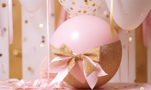 Pink and gold balloons on a table with a pink bow