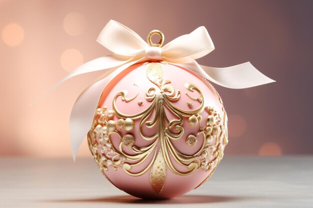 Photo a pink and gold christmas ornament with a bow