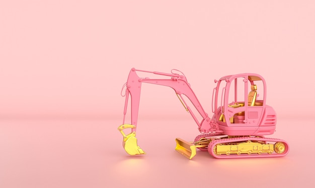 Photo pink and gold excavator on a pink background. 3d render.