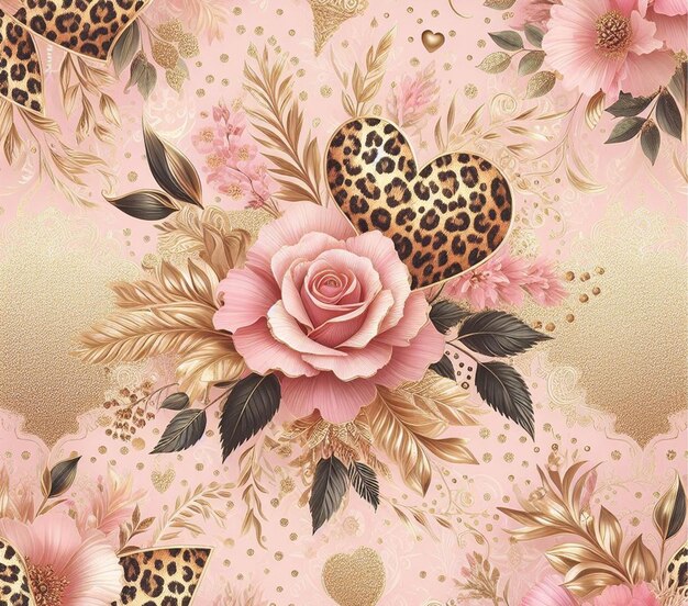 a pink and gold floral background with a heart shaped heart and a heart shaped pattern