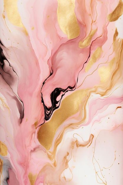 A pink and gold painting with a black and gold background.