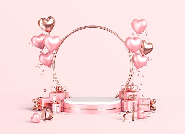 Pink and Gold Valentines Day Podium For Product Display 3D Rendering