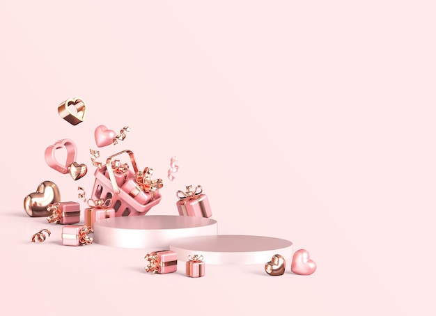 Pink and Gold Valentines Day Podium For Product Display 3D Rendering