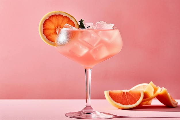 A Pink Grapefruit Spritz pink cocktail with a pink cocktail in it and a pink background