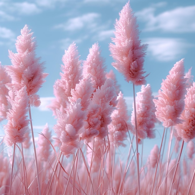 a pink grass with pink flowers against a blue sky