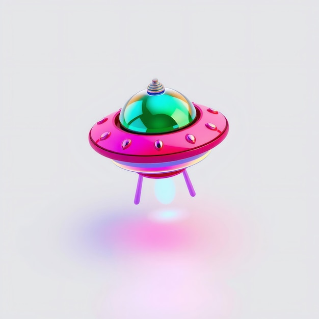 Photo a pink green and blue cartoon ufo spaceship hovers over a white surface glowing a light blue