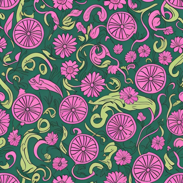 Pink and green floral pattern on a green background.