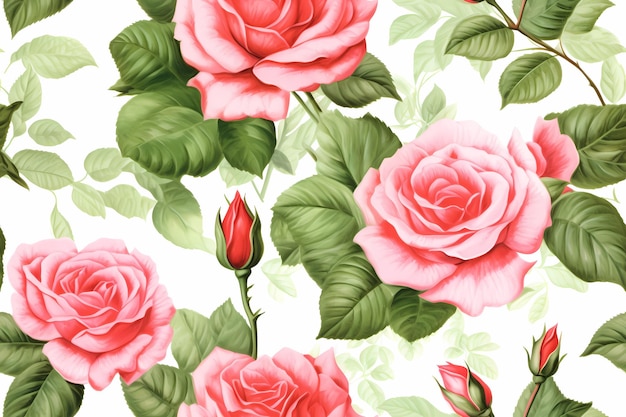 A pink and green flower watercolor sublimation white background with a green leaf and a red rose