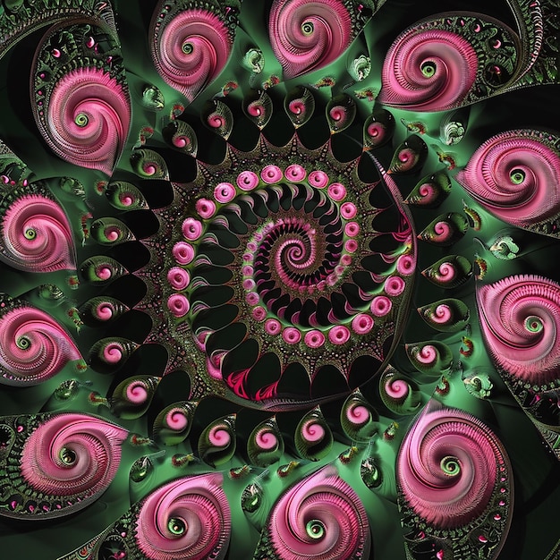 A pink and green fractal pattern with many spirals on a dark background in the style of vector art