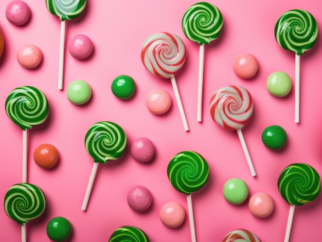 Pink and green lollipops on a pink background generative ai