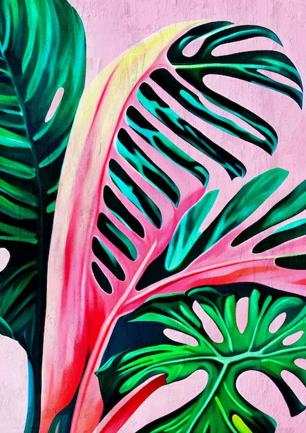 Pink and Green Monstera Tropical Plant Illustration Nature Lovers Art Print