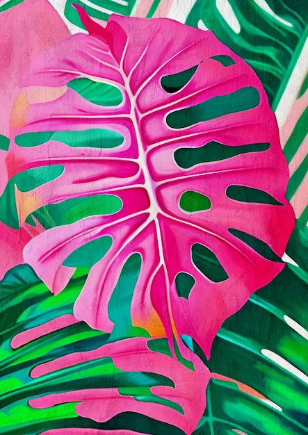 Pink and Green Monstera Tropical Plant Illustration Nature Lovers Art Print