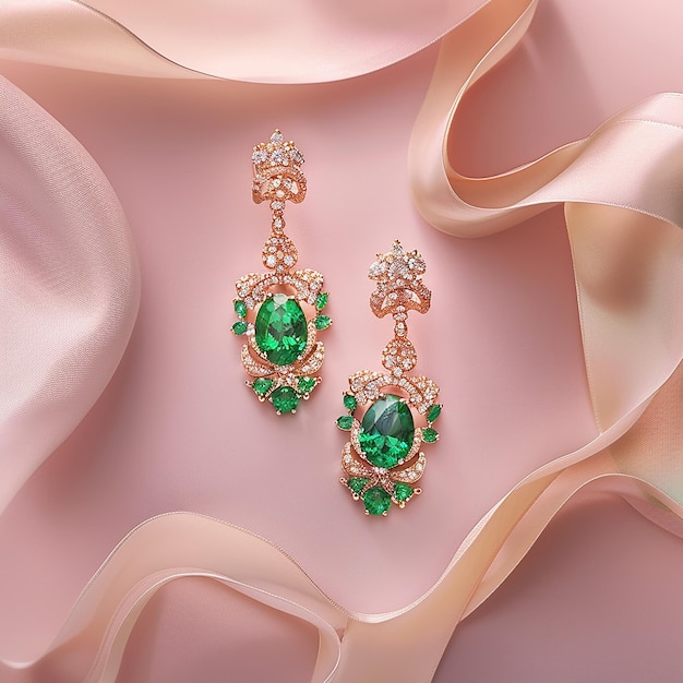 a pink and green necklace with green diamonds and earrings