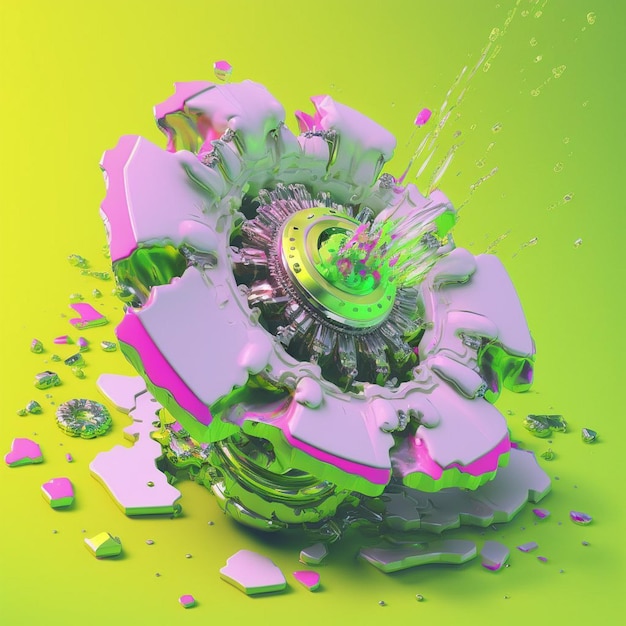 A pink and green piece of broken glass is being smashed.