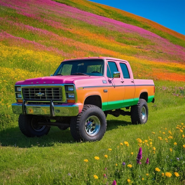 Photo a pink and green truck is parked in a field of flowers