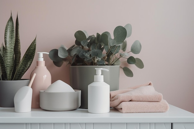 A pink and green wall with white bottles and a plant on it