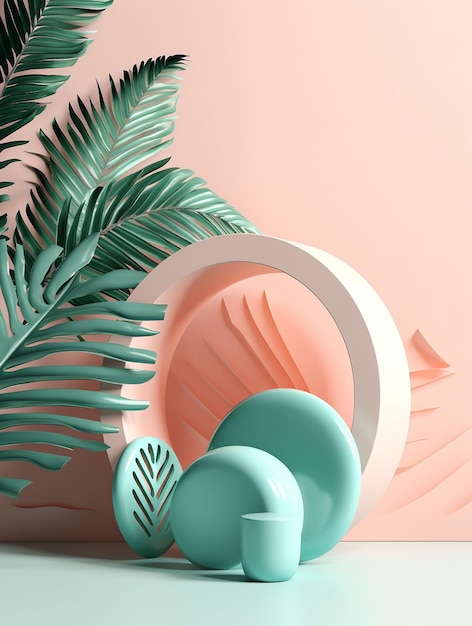 A pink and green wallpaper with a plant in the middle.