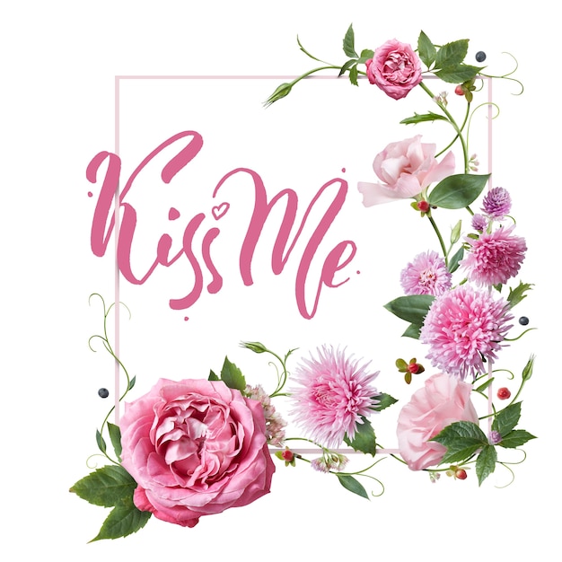 Pink greeting card with flowers and the words calligraphy - Kiss me