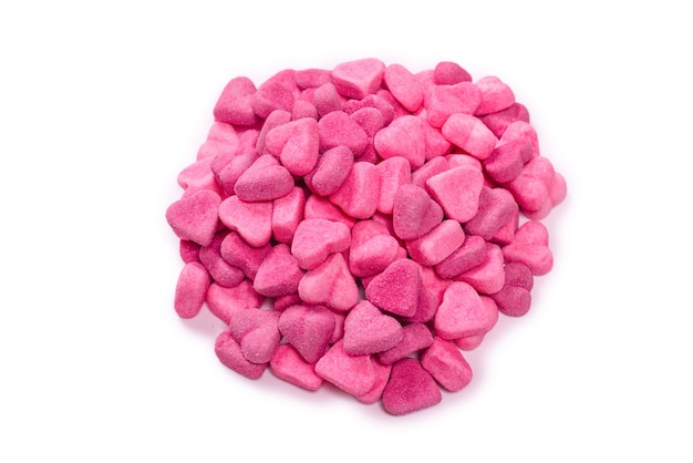 Pink gummy candies. Top view. Jelly  sweets. Isolated on a white background.