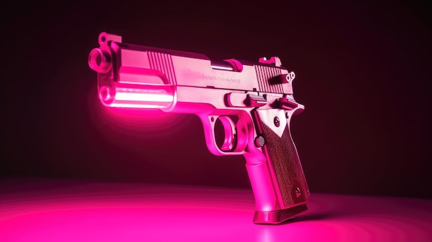 A pink gun is lit up in the dark with the word gun on it.