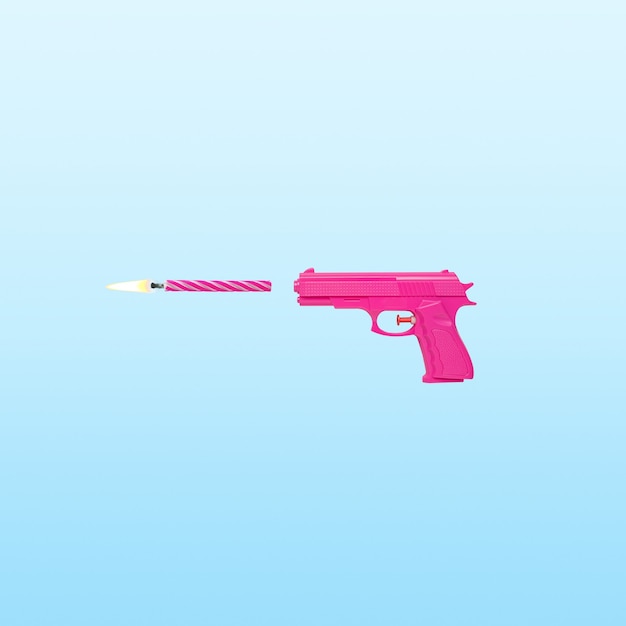 pink gun with birthday candle on blue pastel background