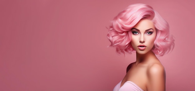 Pink hair beautiful model for advertisement Copy space for text Generative Ai