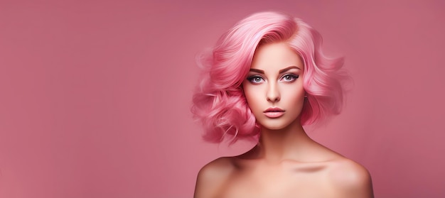 Pink hair beautiful model for advertisement Copy space for text Generative Ai