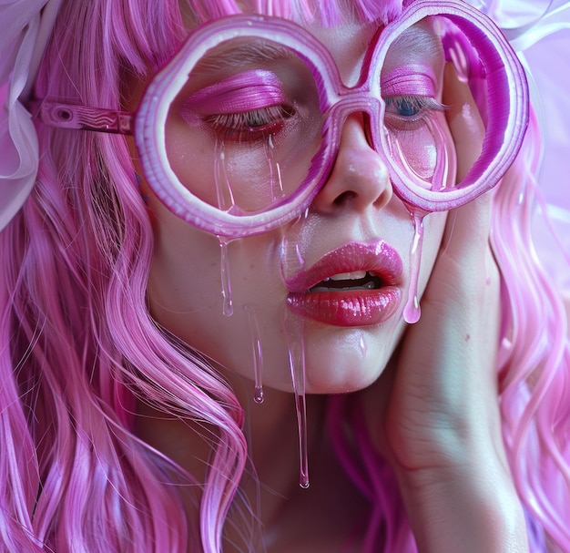 Pink haired model with oversized glasses and glossy lips adorned with drips against a soft pastel background