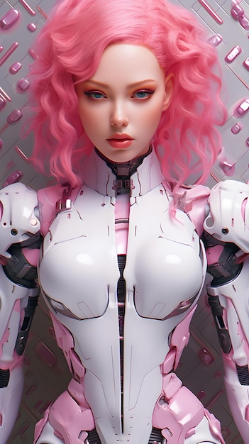 A pink haired robot with a white suit and pink hair.