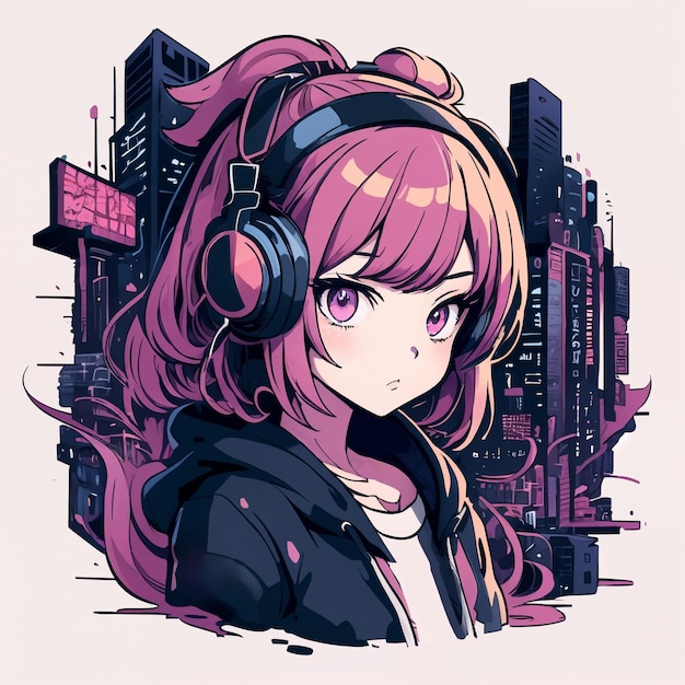 Pink haired urban girl with headphones anime style portrait