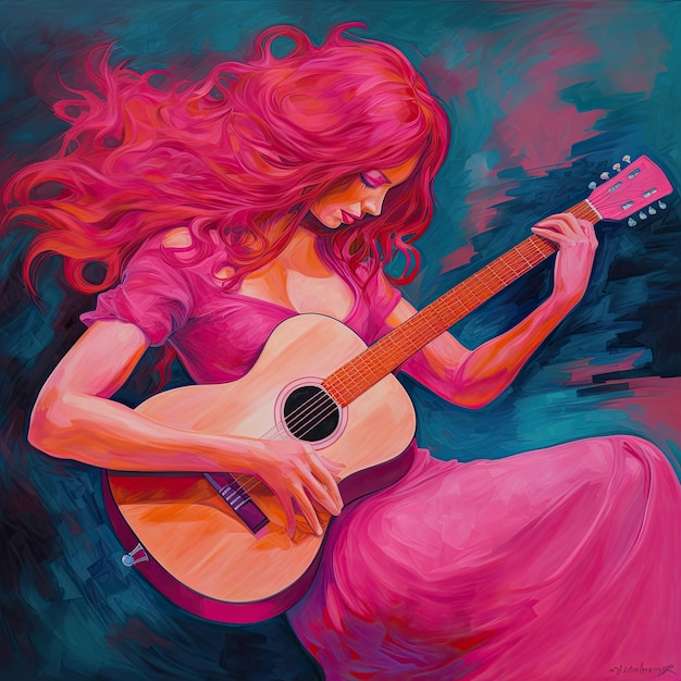 pink haired woman playing guitar ai generated