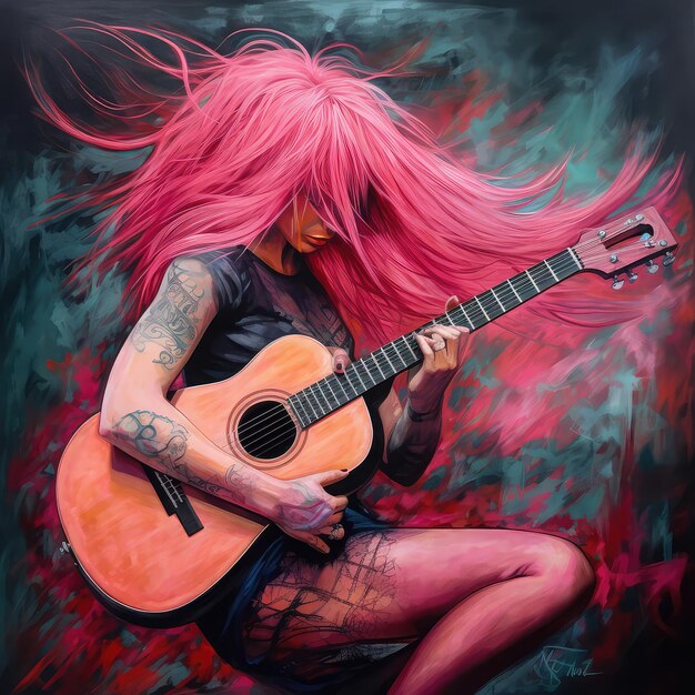 pink haired woman playing guitar ai generated