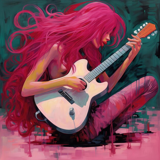 pink haired woman playing guitar ai generated