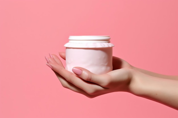 A pink hand holds a white cup with pink background.