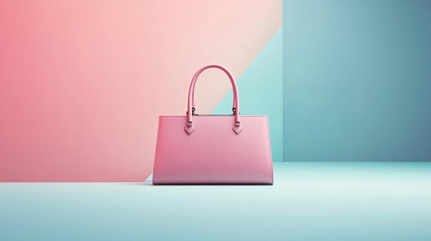 a pink handbag with a pink handle is on a blue table