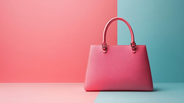 a pink handbag with a pink handle sits on a pink floor