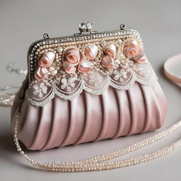 a pink handbag with a silver chain and a necklace on it