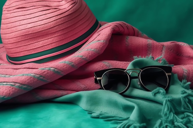 A pink hat and sunglasses sit on a green blanket with a pink scarf.