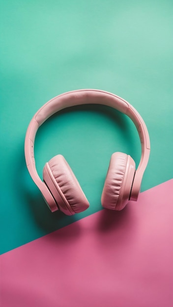 Pink headphones on colored surface