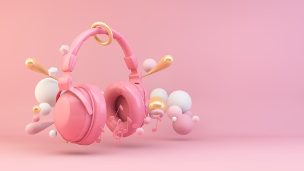 Pink headphones surrounded by geometrical shapes 3d rendering