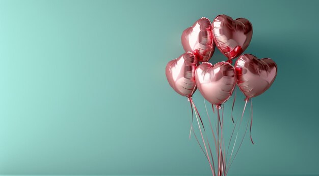 Pink Heart Balloons Against Teal Background